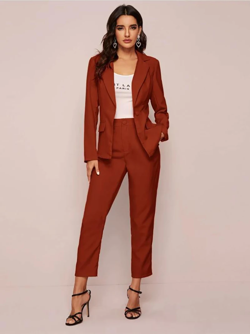 Women's Fashion Two Piece Suit Long Sleeve Blazer and High Waist Pants Casual Solid Color Jacket + Pants