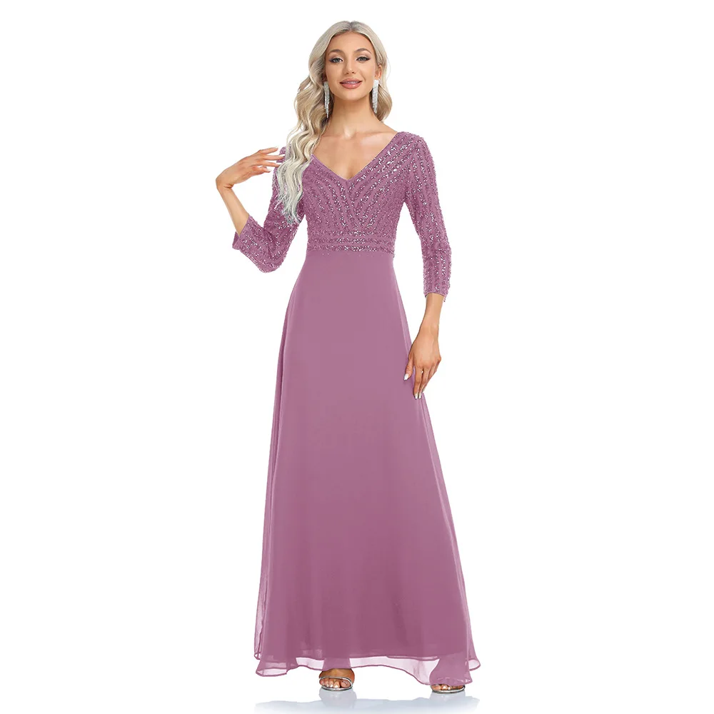 

2023 New In Dresses A-line V-Neck 3/4 Sleeves Chiffon Long Evening Dresses In Stock
