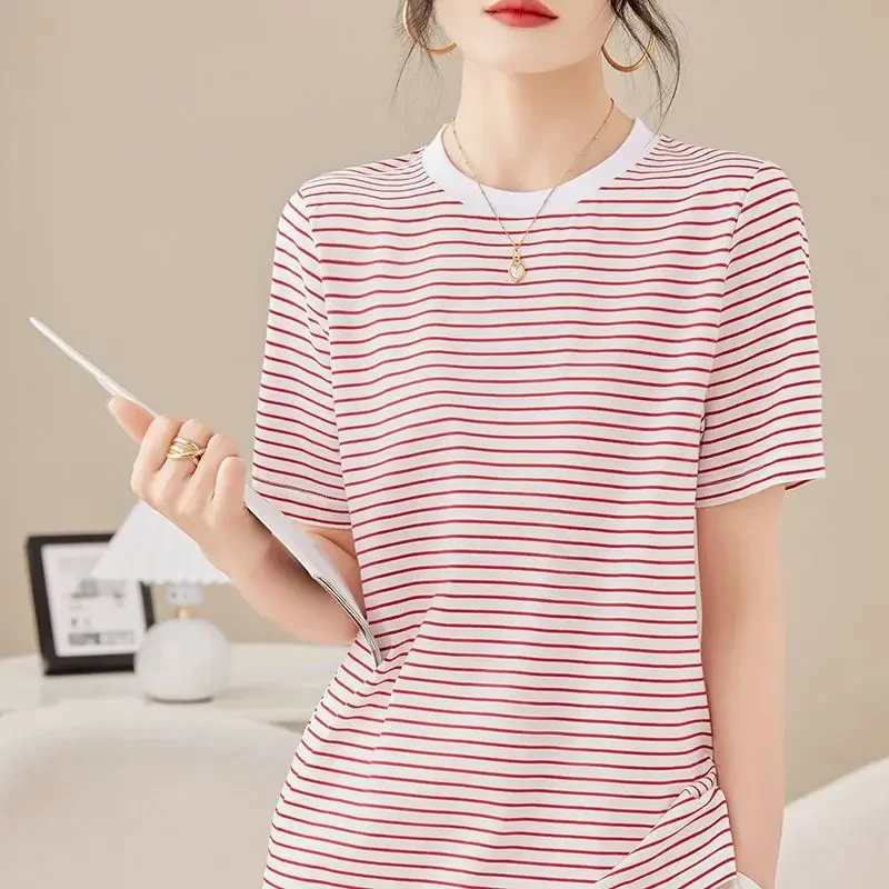 Женская полосатая футболка классический летний новый стиль с v-образным вырезом