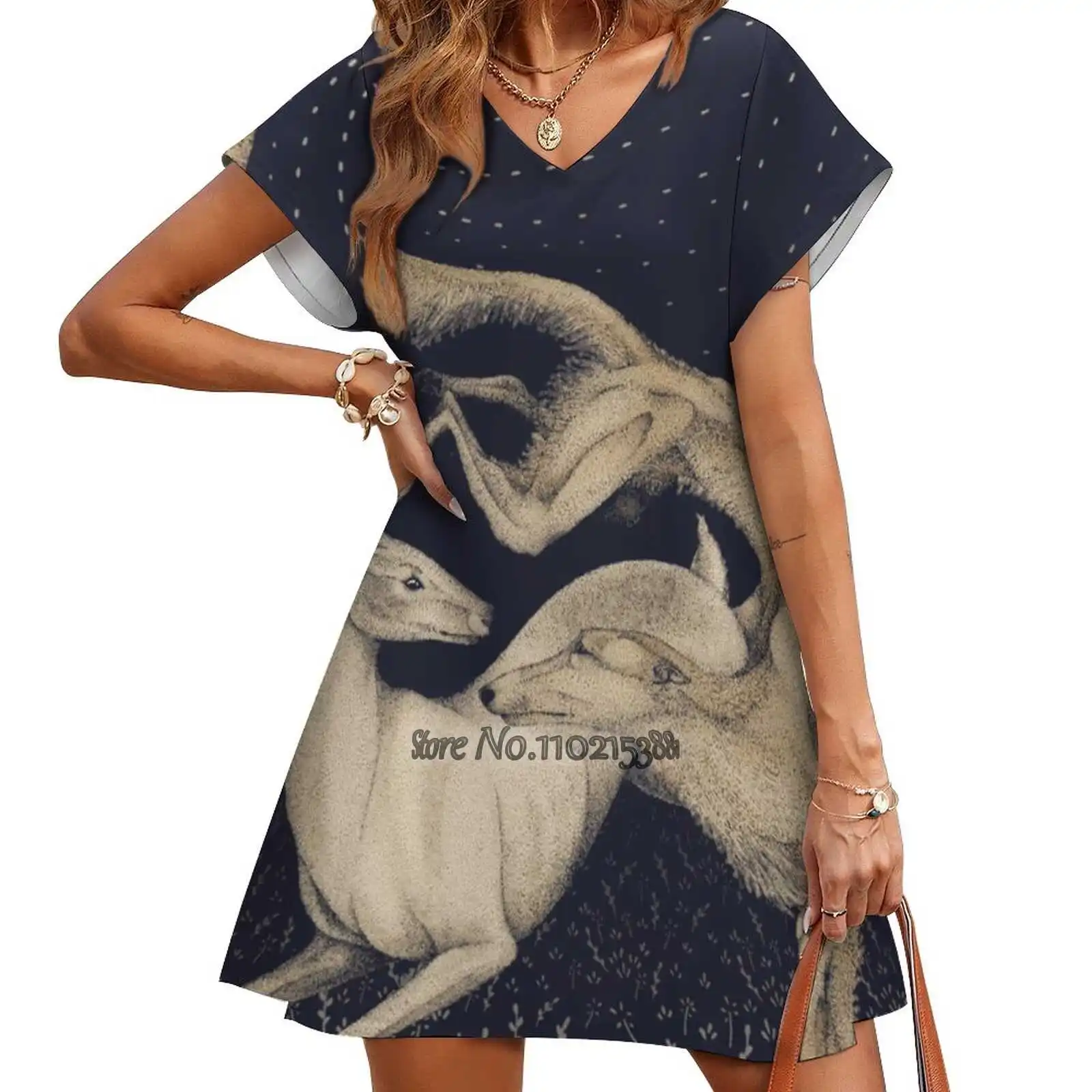 

The Last Dance Under The Stars V-Neck Short Sleeve Dress A-Line Skirt Women'S Clothing Office Lady Elegant Skirt Deer Greyhound