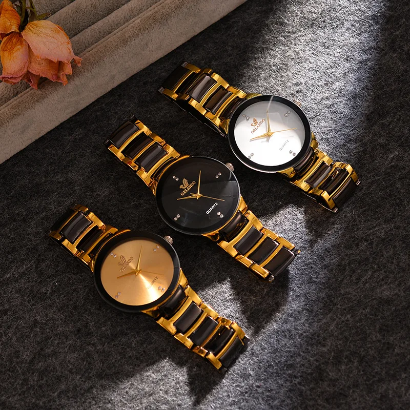 

New double color women's watch room gold alloy steel band Watch 8-diamond scale imitation tungsten steel ceramic quartz watch