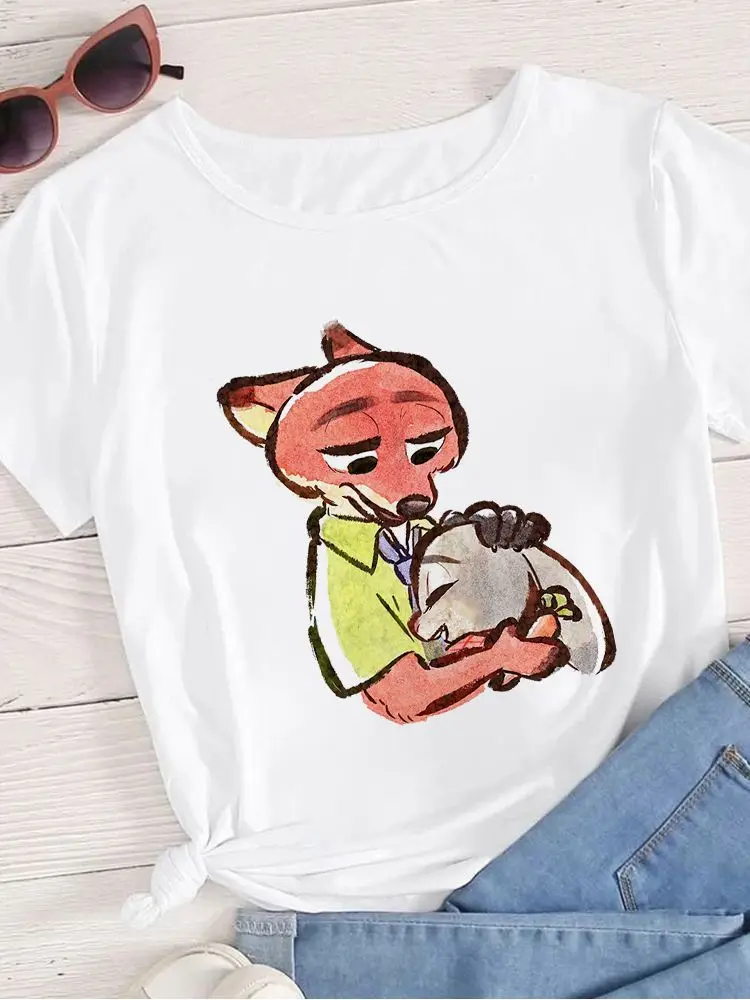 

T Shirt Summer Disney Hug Women Tshirt All-Match Print Disney Brand Judy Hoppes And Nick Wilde Graphic Creativity Comfortable