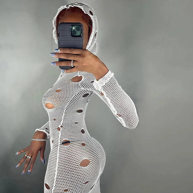 

Накидка на купальник для пляжа, женское однотонное облегающее платье из спандекса с капюшоном и сексуальной сеткой, новинка 2023