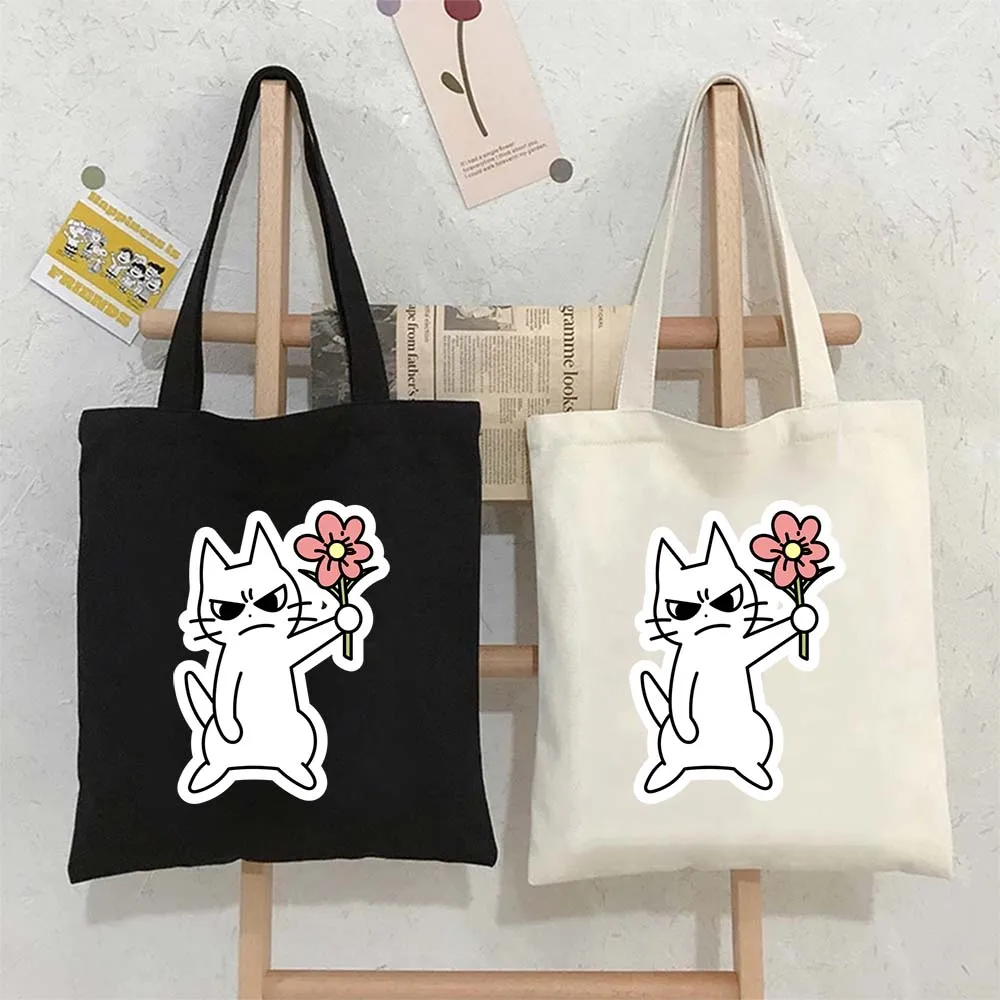 

Tote Bags for Women Cute Cat with Flower Canvas Shopping Beach Bag Large Capacity Reusable Handbags