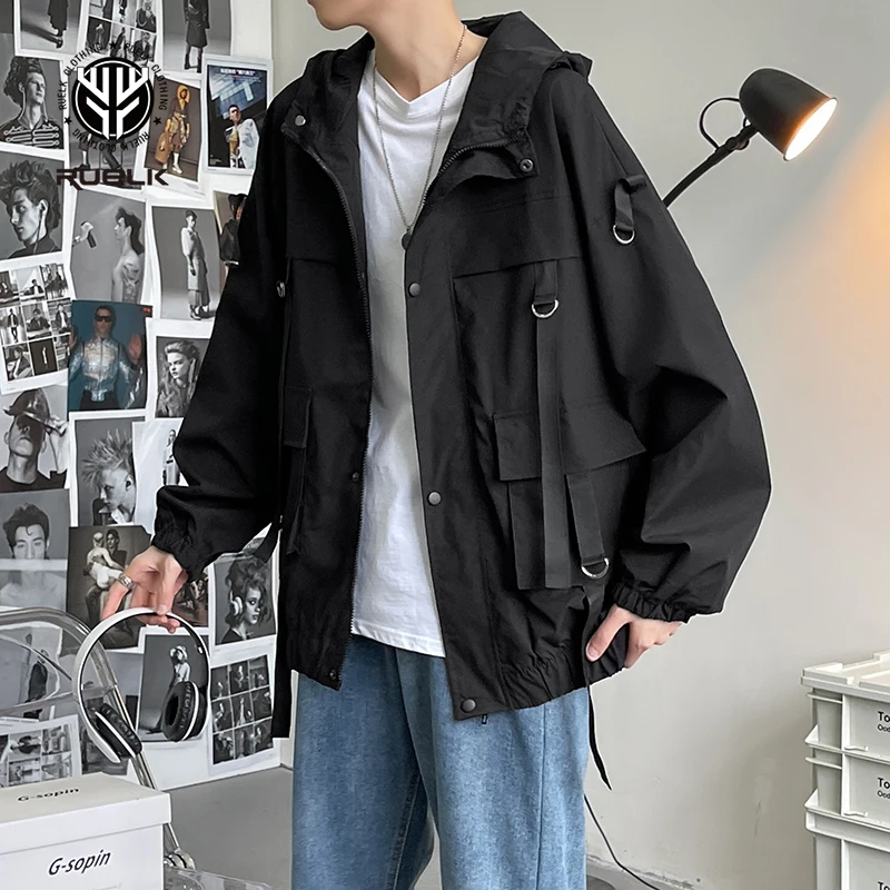 

Men New Jacket Fashion Spring Autumn Man Safari Style Jacket Mens Harajuku Black Windbreaker Coat Male Pockets Oversize Outwear