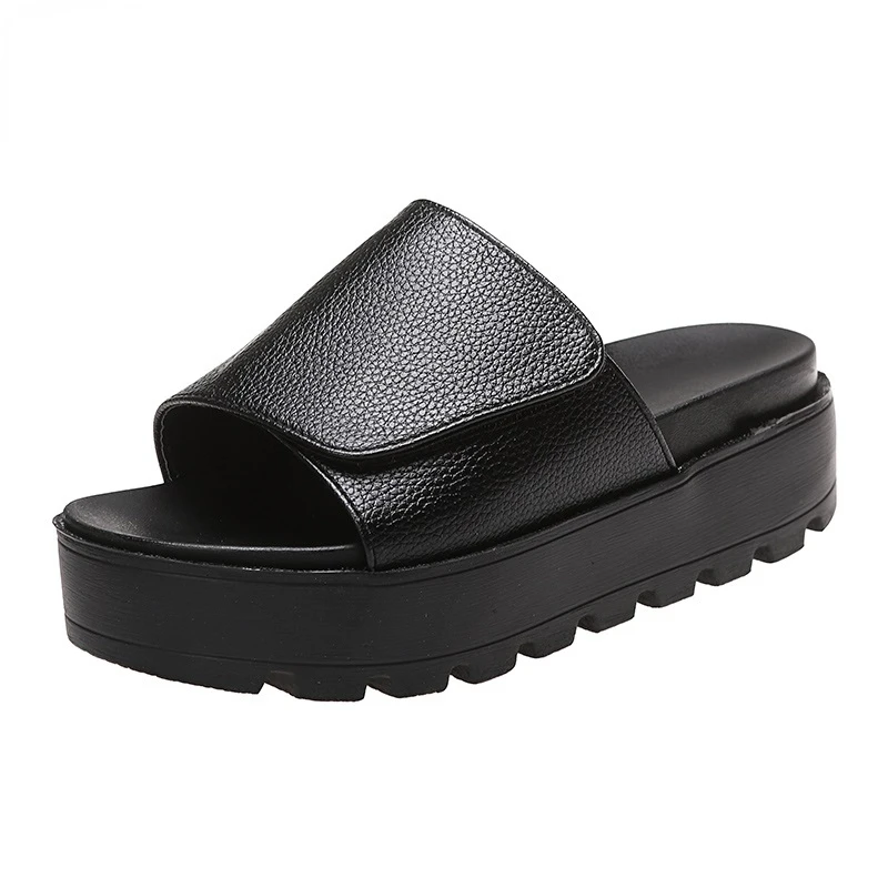 

2022 Summer Black PU Leather Platform Slippers Women Plus Thick Soled Sandals Woman Non-slip Slides Shoes Female