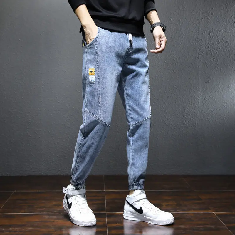 Streetwear Korean Jeans Men Jeans Summer Loose Pockets Stitching Jeans Men Lace-up Mid-Waist Denim Pencil Pants Harem Pants