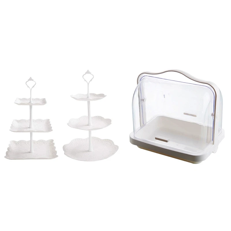 

HOT-1X Kitchen Bread Storage Box Plastic First Aid Medicine Storage Box & 2 Set 3-Tier White Dessert Cake Stand