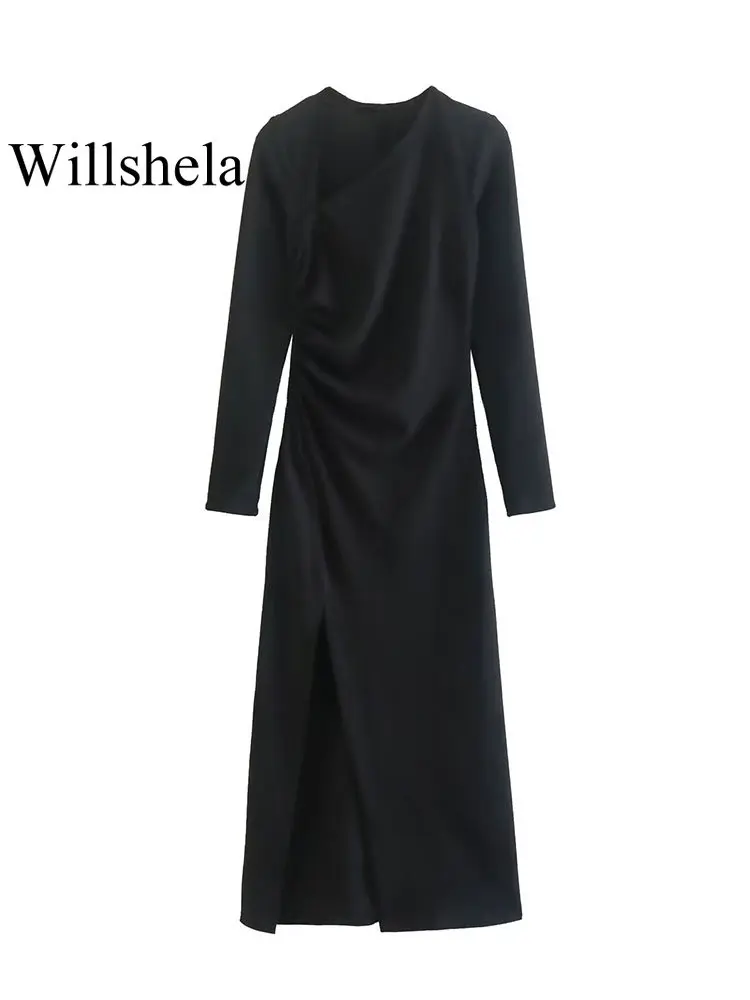 

Willshela Women Fashion Black Midi Dress Vintage Asymmetric Neck Long Sleeves Side Zipper Female Chic Lady Long Dresses