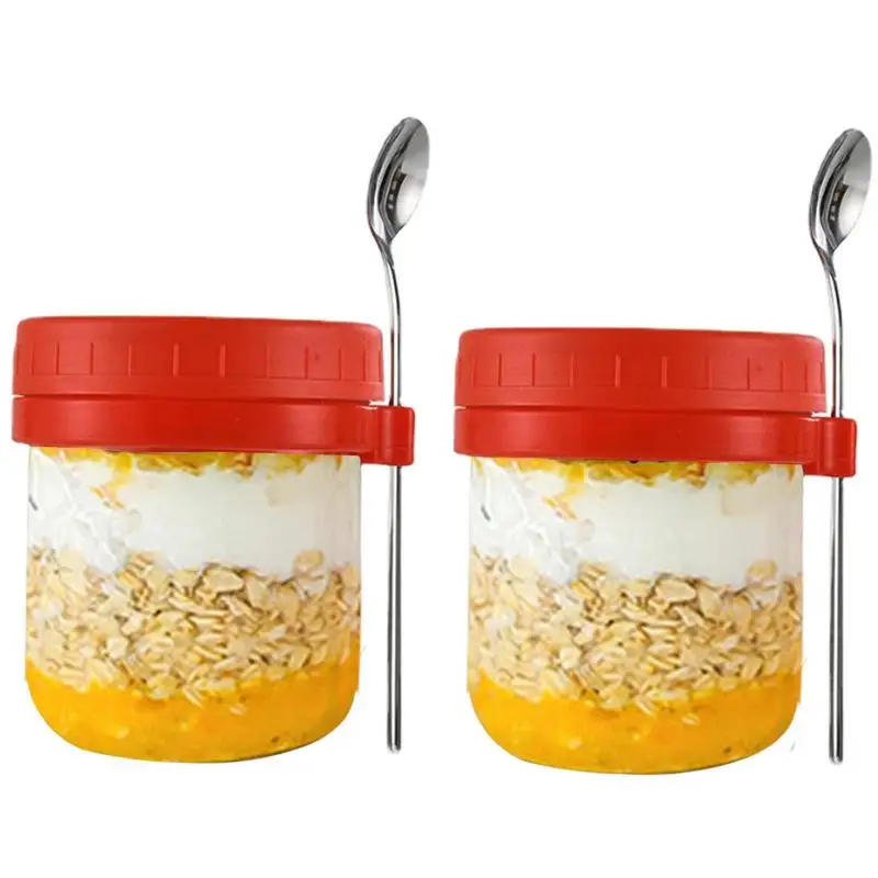 

Oatmeal Overnight Container 2pcs Oatmeal Prep Glass Jars 13.5oz Leakproof Yogurt Containers With Lid Stainless Spoon For Coffee