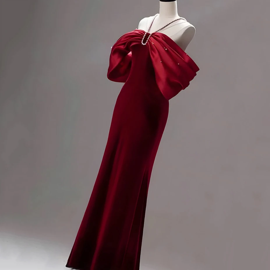 2023 New High End Luxury Wine Red Sexy Backless Evening Long Dress Off The Shoulder Mermaid Bowknot Party Prom Dresses