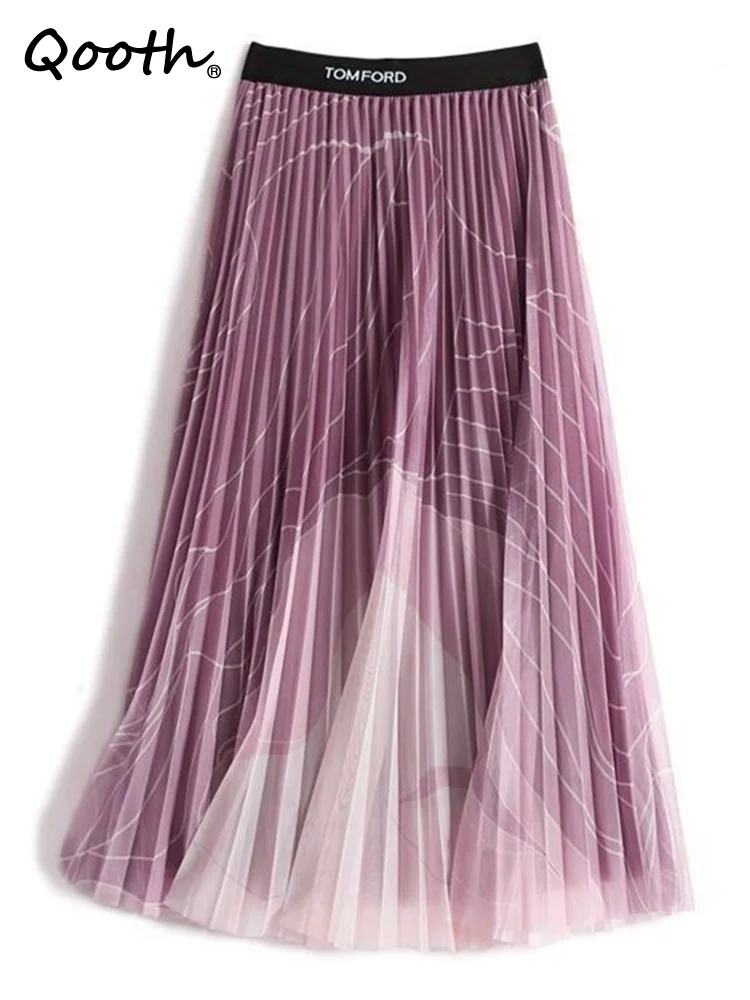 

Qooth Spring Elastic Waist Midi Line Stitching Mesh Skirt Women Elegant High Waist A-line Pleated Long Tulle Skirt QT1858