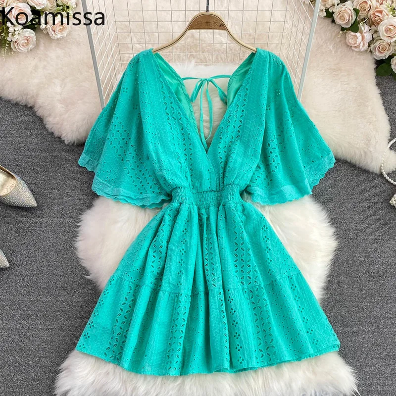 

Koamissa Sexy Women Deep V Neck Beach Dress Solid Fashion Lady Holiday Ruffles Mini Short Dresses Dropship 2022 New Vestidos
