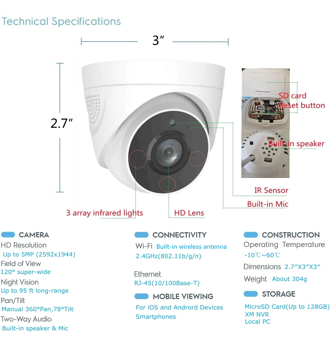 Продажа Беспроводная купольная IP-камера 2592*1944P МП с функцией ночного видения