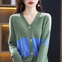 v neck pure wool knitted cardigan womens 2022 spring and autumn fashion new color blocking cashmere sweater loose jacket top