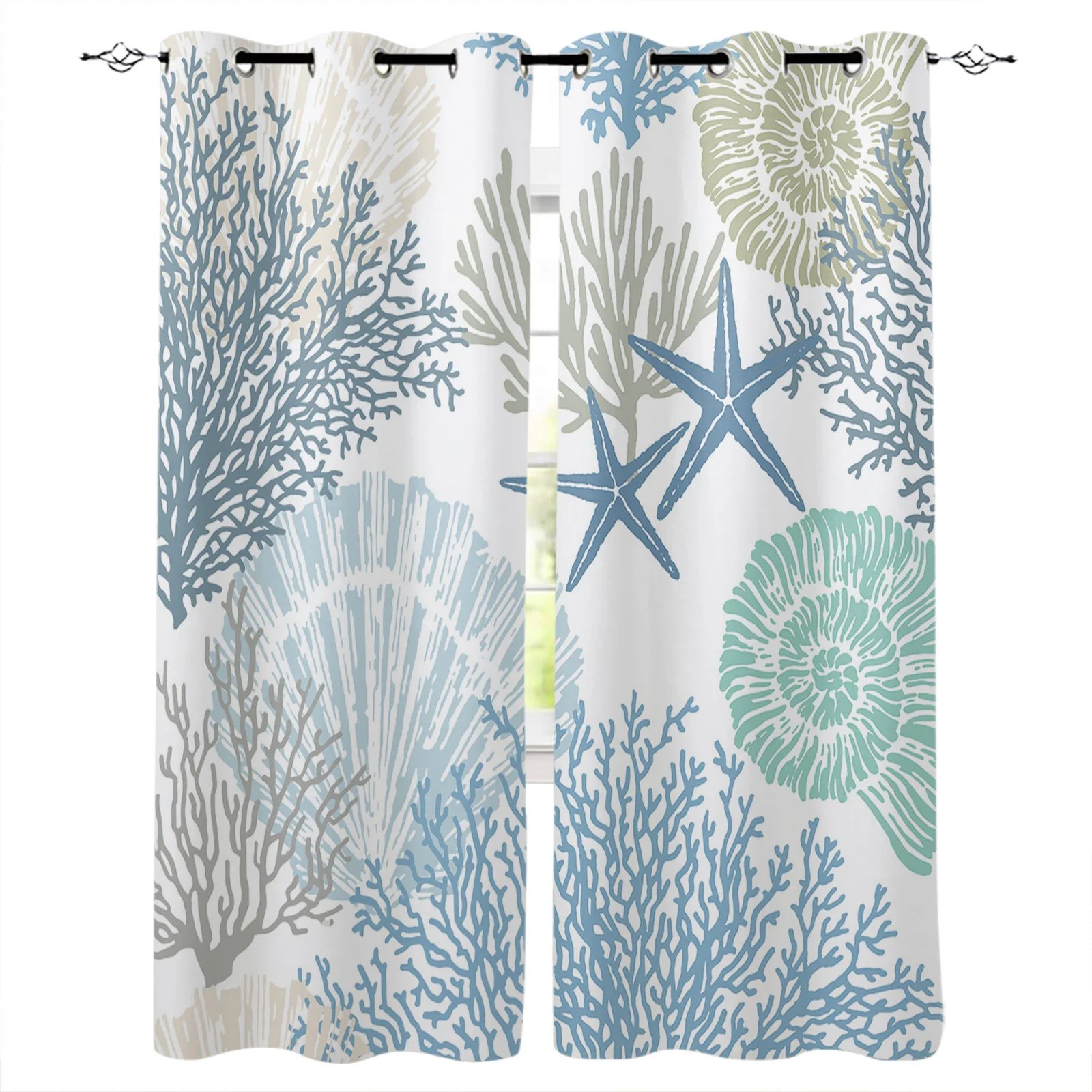 

Blue Marine Coral Shells Starfish Window Curtains for Living Room Bedroom Home Decor Kitchen Curtains Modern Balcony Drapes