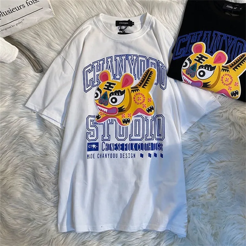 

Футболка женская оверсайз с принтом тигра, коротким рукавом и надписью, лето 2022