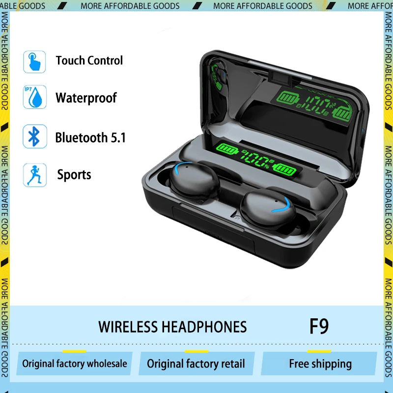 

Wholesale F9 TWS Bluetooth Earphones LED Display Wireless Headphone 9D Stereo Sports Waterproof Earbuds Headsets With Microphone