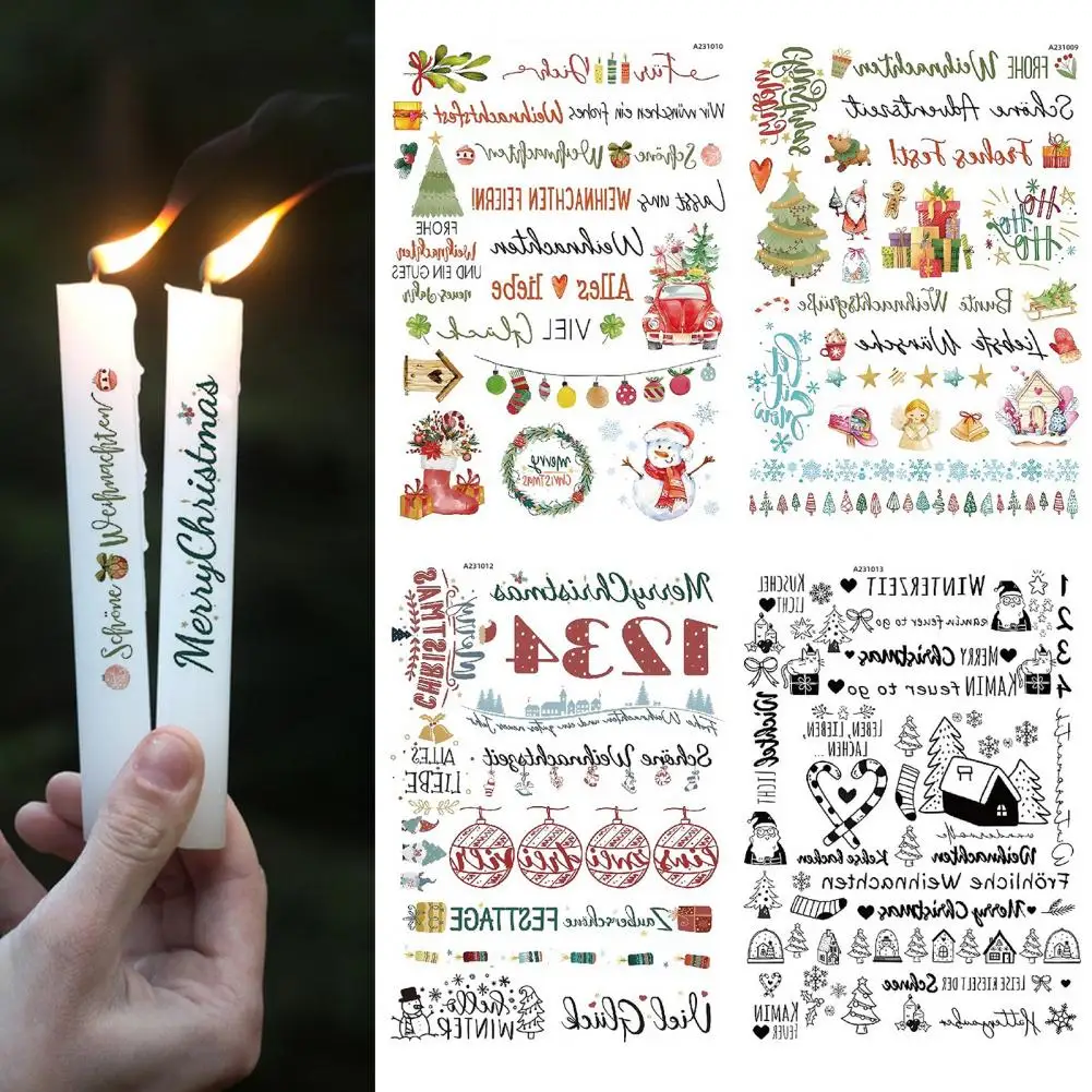 

Креативные татуировки в виде свечи, наклейки «сделай сам», богатые прозрачные узоры, яркие цвета, Керамическая свеча, наклейки на тело в рождественском стиле