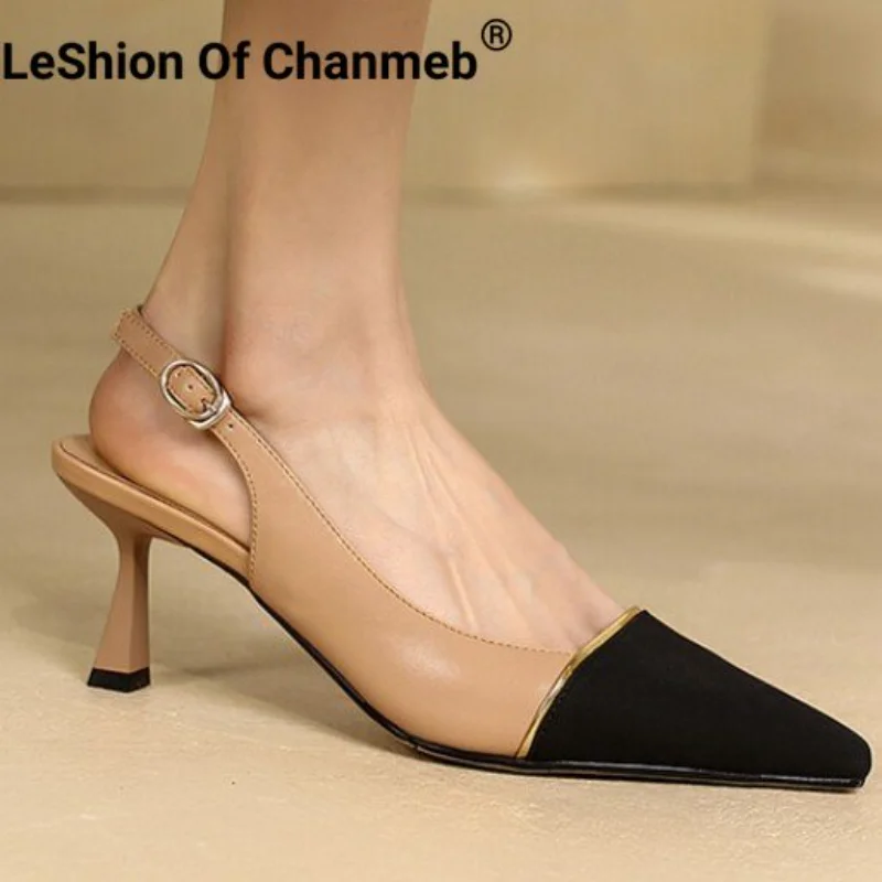 

LeShion Of Chanmeb Genuine Leather Slingback Pumps Women Designer Mixed Color Thin High Heeled Shoes Nude Office Lady Sandals 42