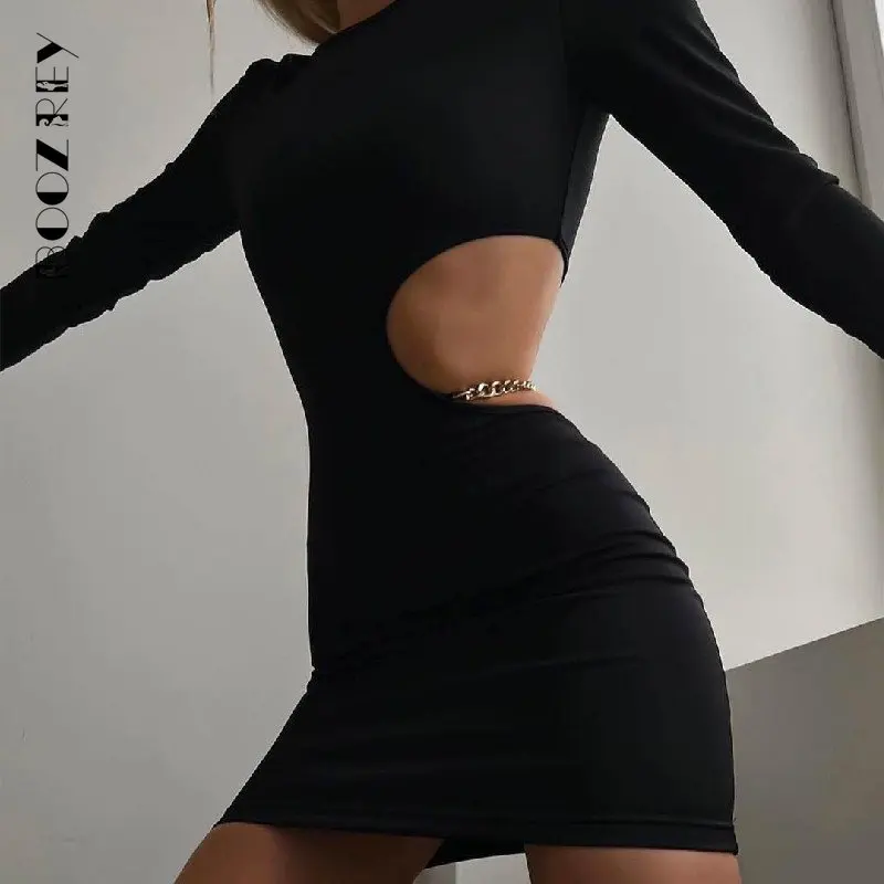 BoozRey Autumn New Cut Out Chain Mini Dress for Women Casual Fashion Long Sleeve Bodycon Dress Slim Fit Solid Clothes