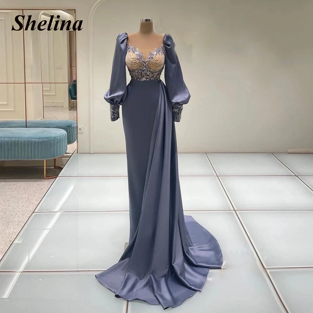 

Exquisite Sequins Prom Evening Dresses V-neck Beading Asymmetrical Fullsleeve Court Train Vestidos Robes De Soirée Customized