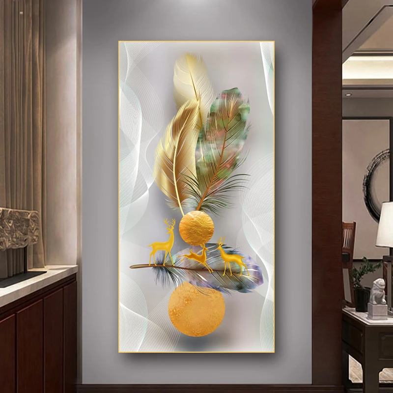 Скандинавские абстрактные перья золотисто-желтые плакаты с оленем принты Холст