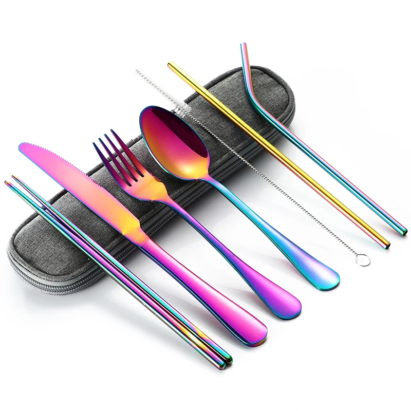 

Travel Dinnerware Set Portable Cutlery Camping Dinner Sets Stainless Steel Tableware Rainbow With Straw Kit Brush Chopstick Bag
