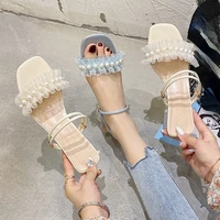 fashion square crystal heels pearl women sandals 2020 lace ruffles string bead high heels open toe fairy style female slippers