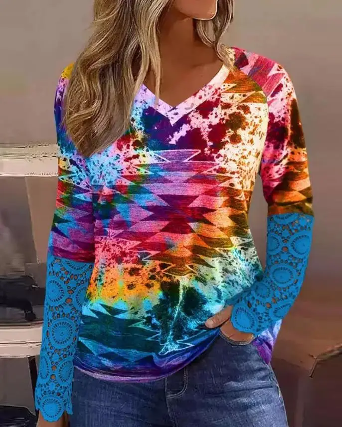 

Aztec Geometric Tie Dye Print Contrast Lace Long Sleeve Top Leisure Shirts Lapel Cardigan Top Loose Shirt Womens Blouses Autumn