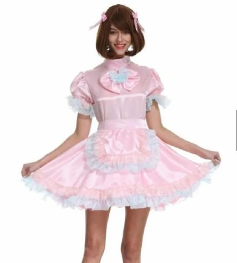 Розовая атласная шаль с закрывающимся бантом горничная рукавами-пузырями платье