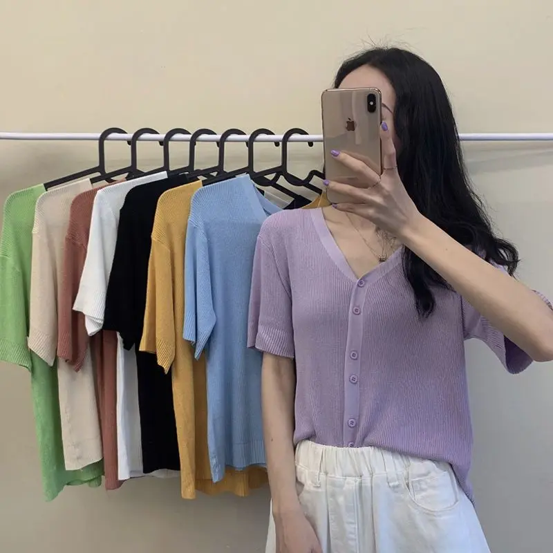 

Женская Летняя трикотажная рубашка с V-образным вырезом и коротким рукавом