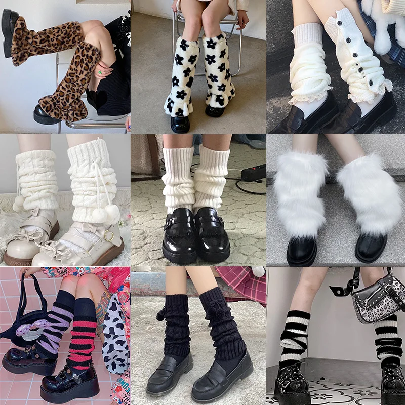 Japan Style Kawaii Plush Leg Warmers Winter Long Socks Stockings Women Harajuku Loose Knee High Boot Knitted Leggings Warm