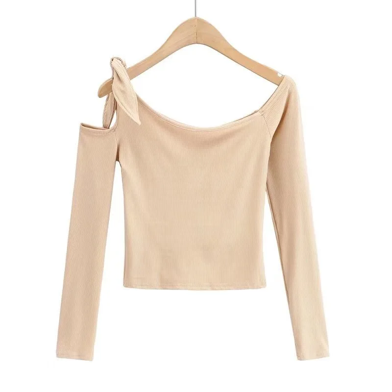 

Новинка Весна 2022, Женский пуловер с длинным рукавом и круглым вырезом, соблазнительная однотонная короткая облегающая женская футболка с о...