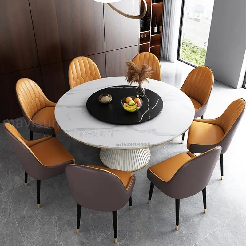 

Postmodern White Dining Table With Turntable Rock Board Interior Furniture Nordic Light Luxury High-end Round Table For Kitchen