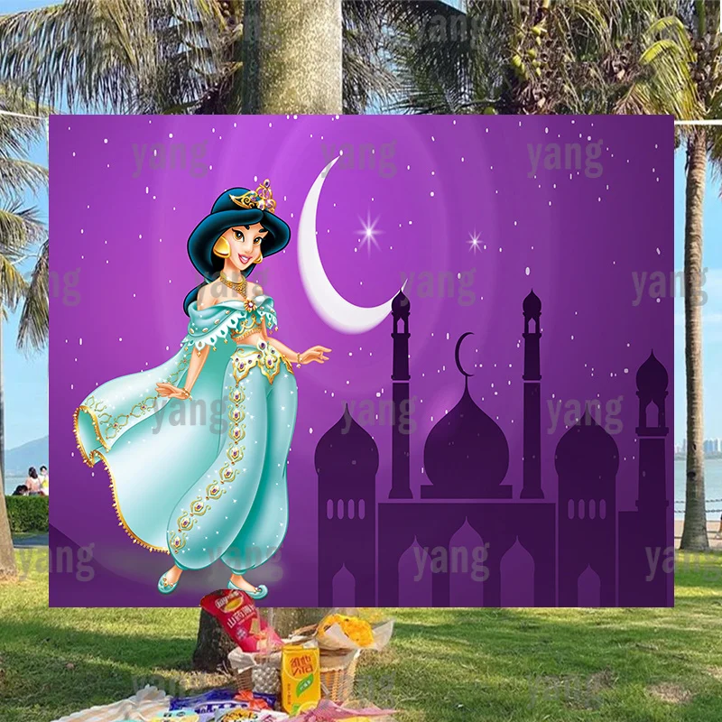 

Jasmin Purple Moon Star Sky Glitter Mosque Palace Backdrop Photography Aladdin Happy Birthday Party Background Shower Banner