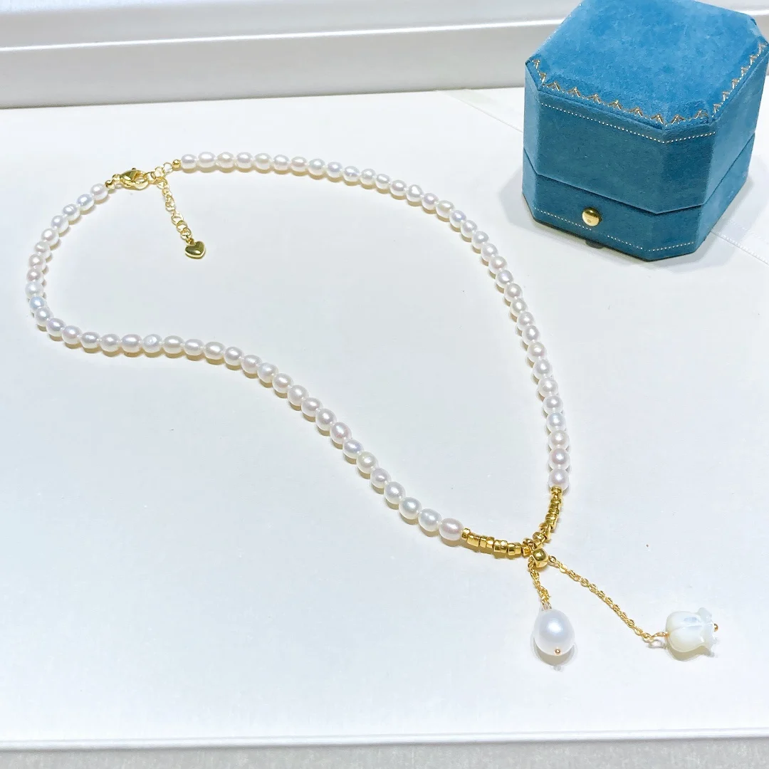 

Ожерелье с подвеской в виде ландыша 3-5 мм, женское колье с рисовой жемчужиной