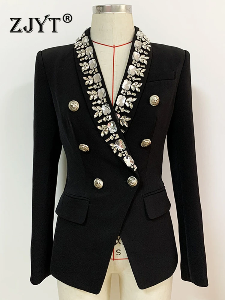 

ZJYT роскошные бриллиантовые двубортные блейзеры для женщин, весна-осень, искусственное пальто, верхняя одежда 2XL, черные топы