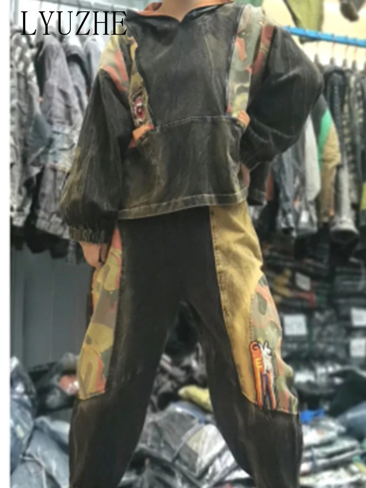

LYUZHE 2023 Spring And Autumn Fashion Women Set Washed Distressed Denim Print Splice Personalized Hooded Bodysuit Set LWL654