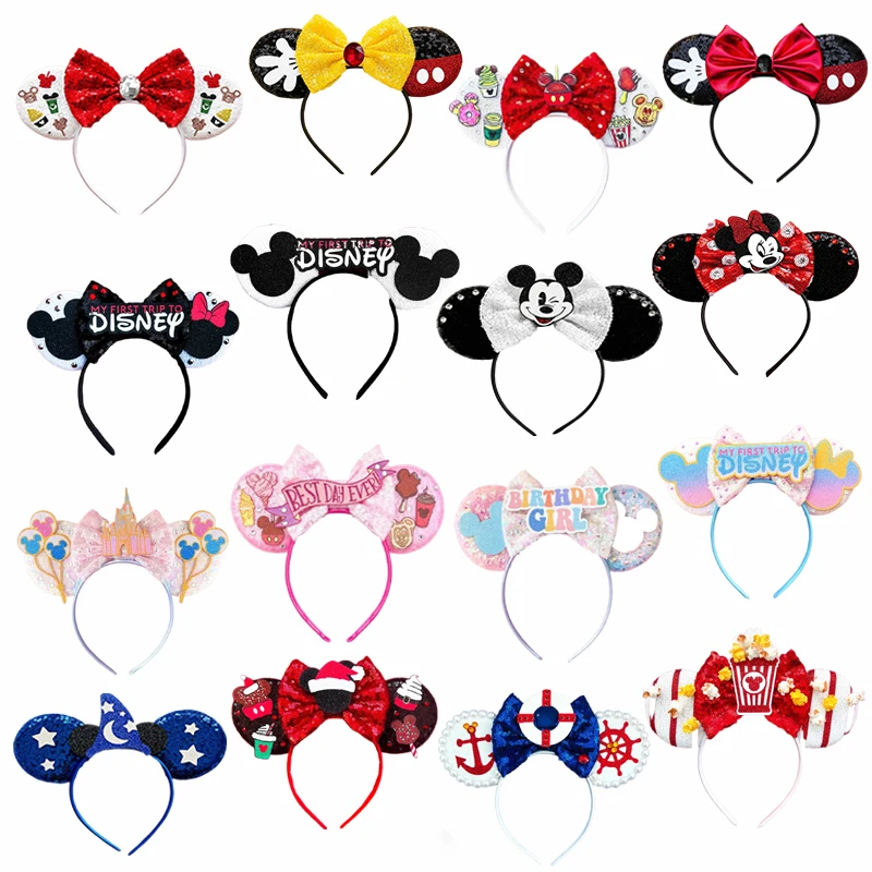 

Disney Minnie Mouse Ears Headbands Girl Mickey Headwear Kids Hairbands For Women Bows Sequins Hair Accessories Festival DIY Gift