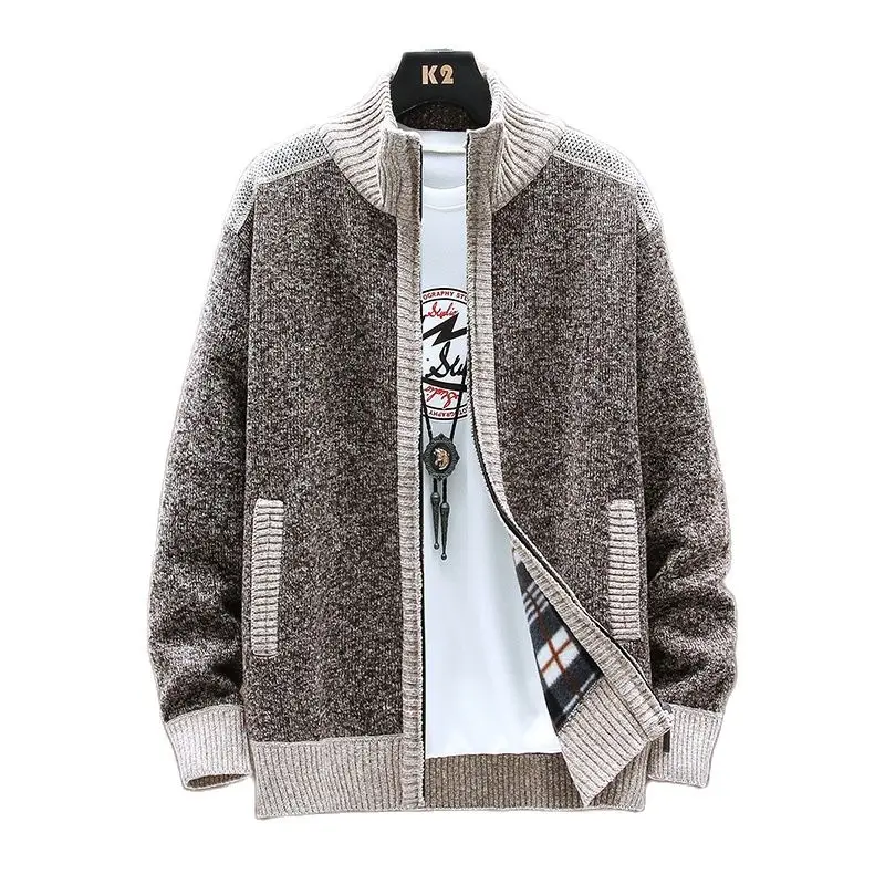 

Autumn and Winter Korean Style Men Patchwork Cardigan Sweaters Men's Stand Collar Sweater Coat Zipper Knitted Jacket Male 8813