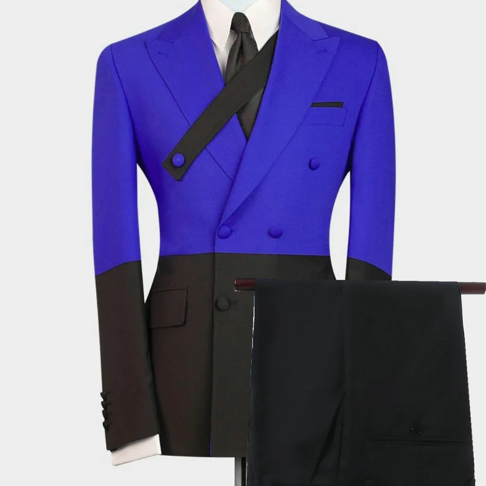 

Костюм Королевского синего и черного цвета из 2 предметов, приталенный двубортный пиджак с заостренными лацканами и смокинг для выпускного вечера, блейзер для жениха и брюки для свадьбы