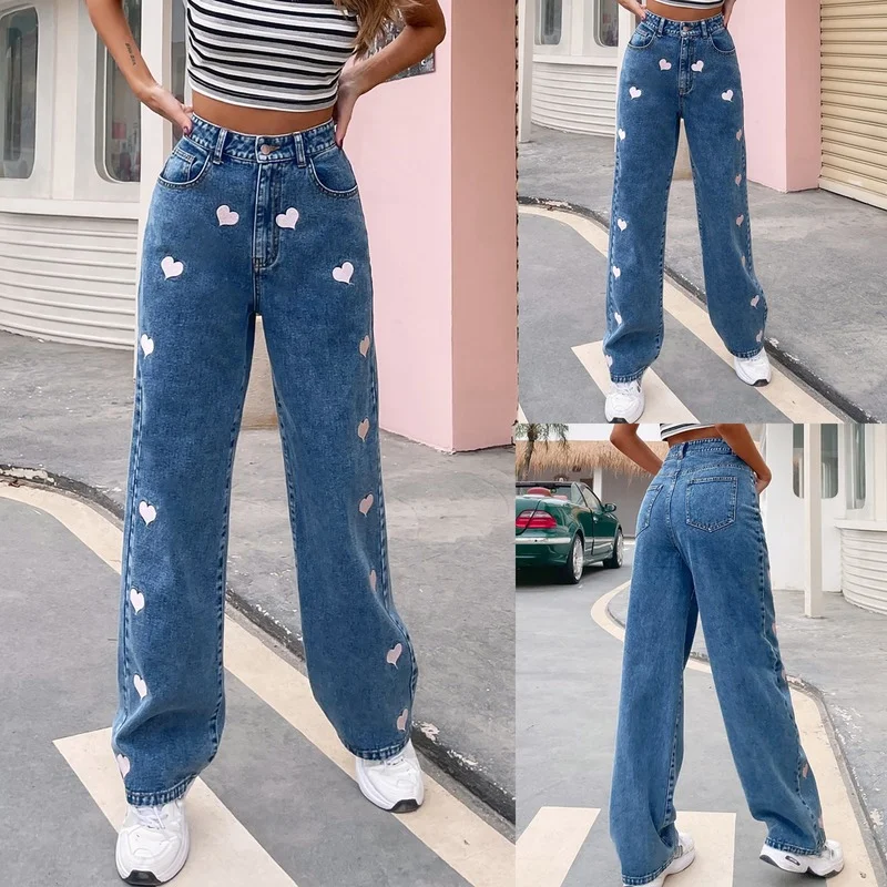 Women's High Waist Loose Solid Color Love Print Denim Pants 2021 Casual Fashion Design Comfortable Jeans Female Streetwear Pop