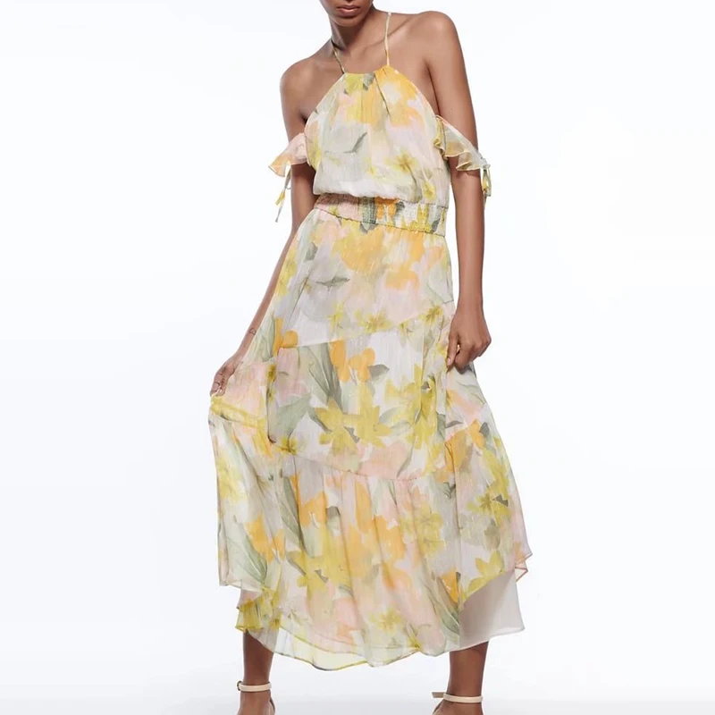 

Женское платье-миди с металлическим принтом, широкое платье с поясом на резинке, без рукавов, с лямкой на шее, BB22275, лето 2022