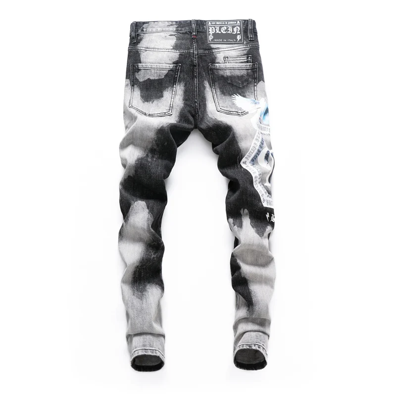 Street Fashion Men Jeans High Quality Retro Black Gray Elastic Slim Fit Printed Jeans Men Brand Designer Hip Hop Pants Hombre