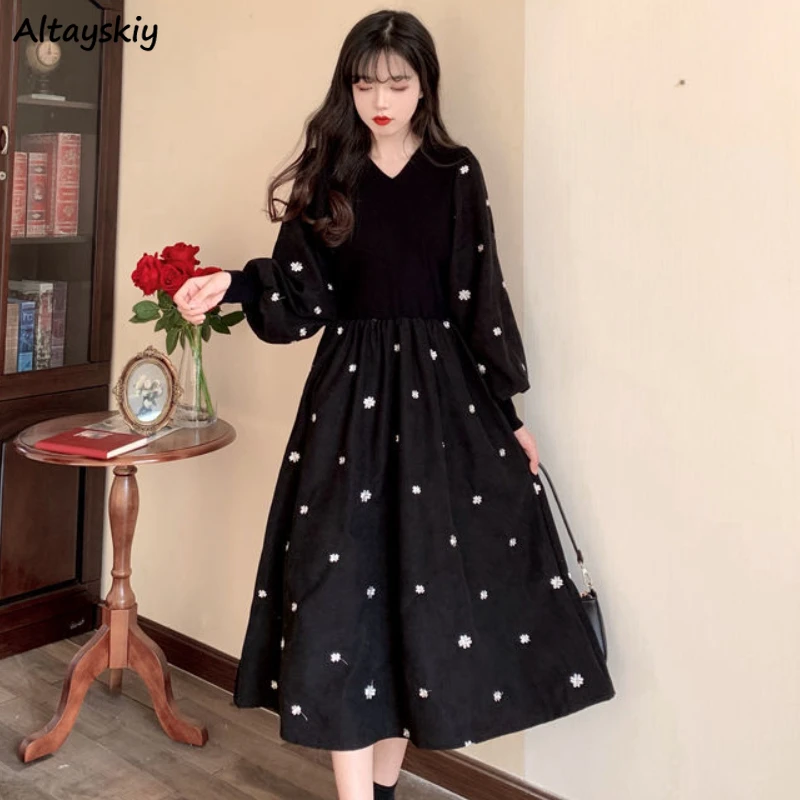 

Floral Dresses Women Fashion Spring V-neck Streetwear Retro Gentle Females Puff Sleeve Dress Mid-calf Ulzzang M-3XL Lovely New