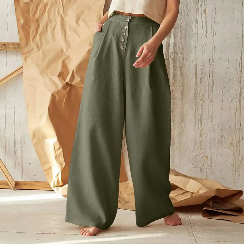 

Casual Pants High Waist Casual Trousers Single Breasted Women Trousers Two Pockets Full Length Wide Leg Pants Lady Clothing