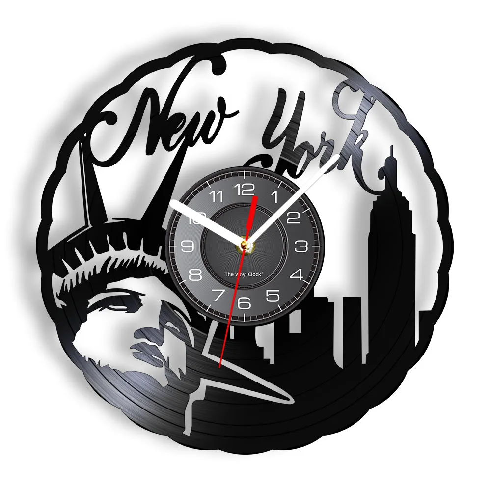 New York Skyline Vintage Vinyl Record Wall Clock NYC Statue of Liberty Freedom Wall Art America Travel Gift Home Interior Design