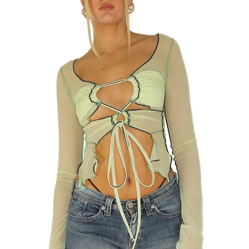 

Sexy See Through Mesh T-shirt Women V-neck Bandage Hollow Out Bare Midriff Slim Solid Tops Hot Streetwear Female Clothing