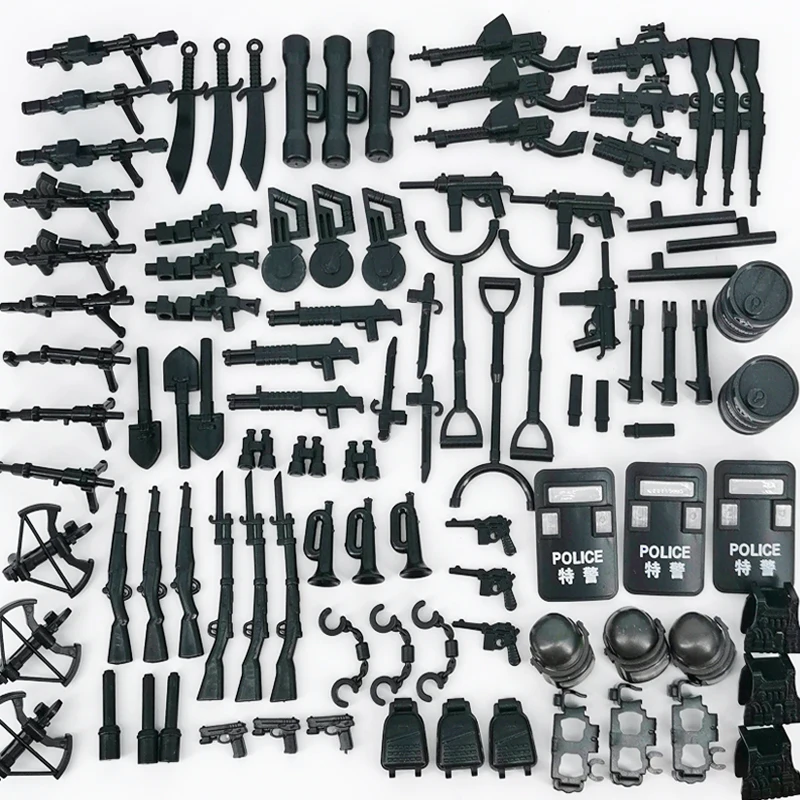 

DIY 89 Pcs Crossbow Shield Oil Drum Armor Building Blocks Model Military Army SWAT Weapons Team Set MOC Accessories Boy Toys